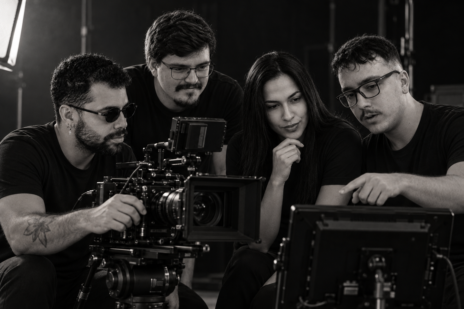 Composição editorial com IA a partir de retratos reais do squad TH Pádua, em um set de filmagem